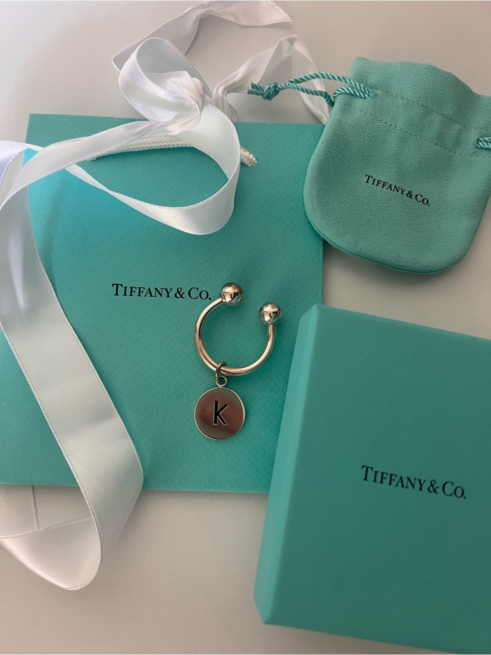 Tiffany & Co. Silver Key Ring with K Pendant